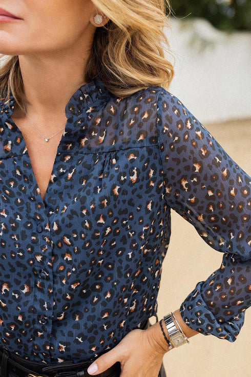 Blue Leopard Sheer Button Front Long Sleeve Shirt