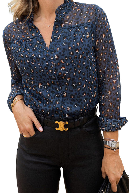 Blue Leopard Sheer Button Front Long Sleeve Shirt