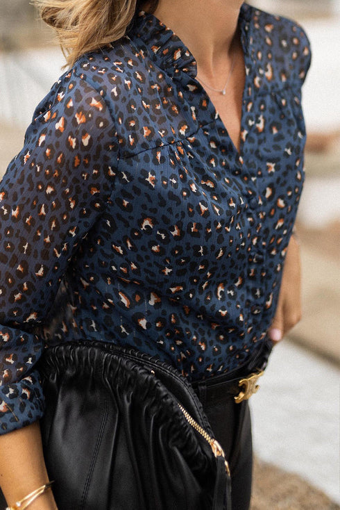 Blue Leopard Sheer Button Front Long Sleeve Shirt