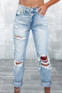 Blue Light Wash Frayed Slim Fit High Waist Jeans