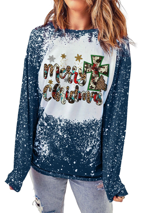 Blue Merry Christmas Cross Bleached Print Pullover Sweatshirt
