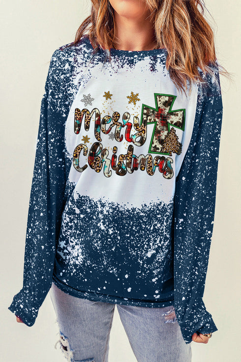 Blue Merry Christmas Cross Bleached Print Pullover Sweatshirt