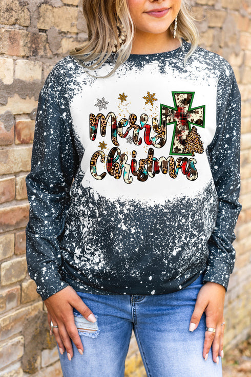 Blue Merry Christmas Cross Bleached Print Pullover Sweatshirt