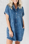 Blue Mineral Wash Cuffed Sleeve Frayed Hem Denim Dress