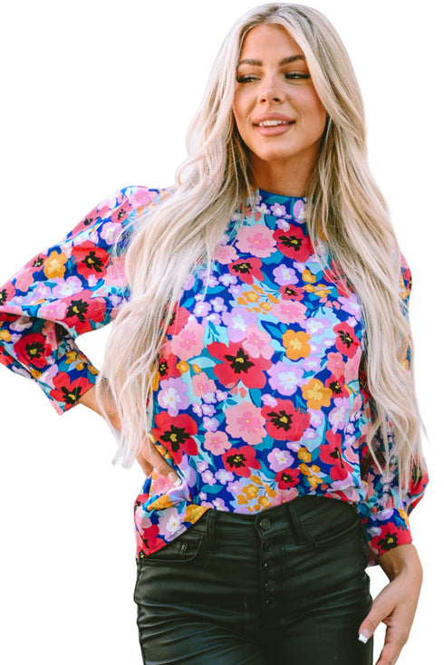 Blue Mock Neck Bubble Sleeve Floral Print Blouse