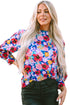 Blue Mock Neck Bubble Sleeve Floral Print Blouse