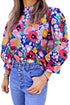 Blue Mock Neck Bubble Sleeve Floral Print Blouse
