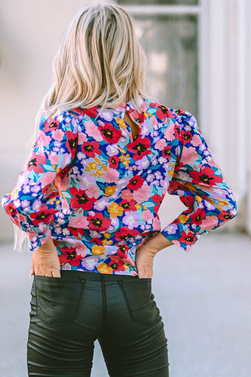 Blue Mock Neck Bubble Sleeve Floral Print Blouse