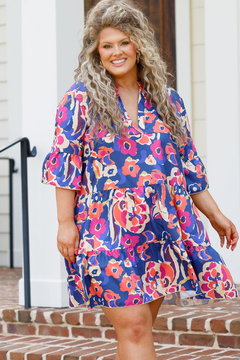Blue Plus Size Floral Print Ruffled 3/4 Sleeve Mini Dress