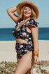 Blue Plus Size Flutter Cap Sleeve Floral High Waist Bikini