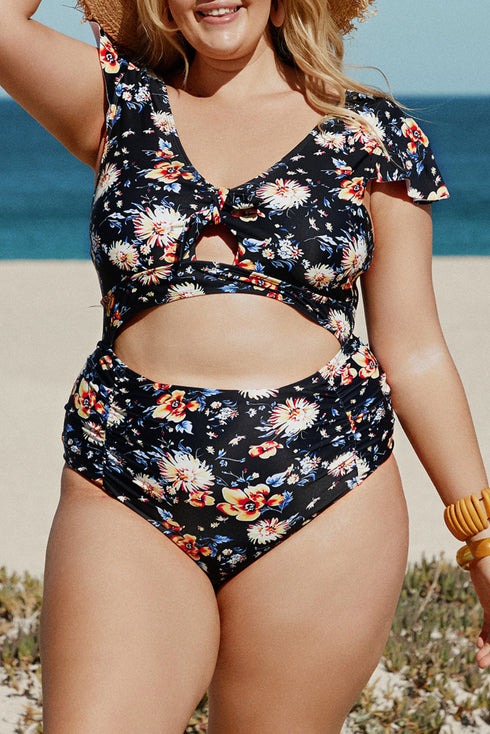 Blue Plus Size Flutter Cap Sleeve Floral High Waist Bikini