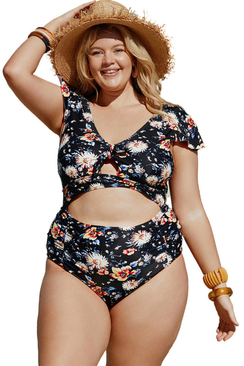 Blue Plus Size Flutter Cap Sleeve Floral High Waist Bikini