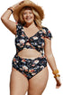 Blue Plus Size Flutter Cap Sleeve Floral High Waist Bikini