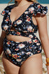 Blue Plus Size Flutter Cap Sleeve Floral High Waist Bikini