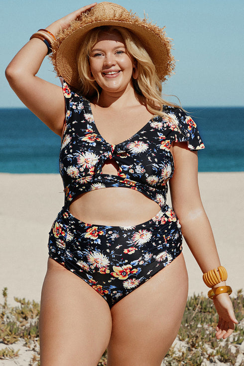 Blue Plus Size Flutter Cap Sleeve Floral High Waist Bikini