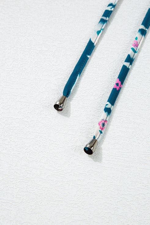 Blue Retro Floral Print Split Neck Ruffle Short Sleeve Dress