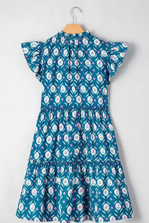 Blue Retro Floral Print Split Neck Ruffle Short Sleeve Dress