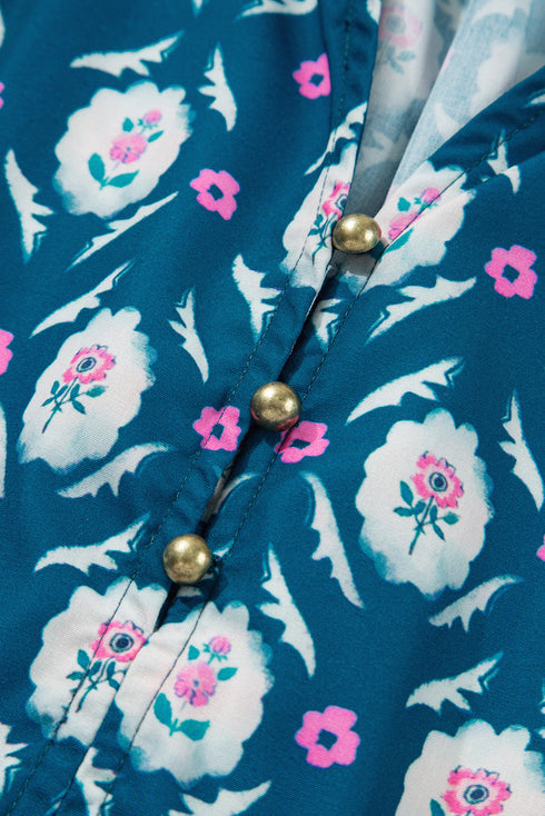 Blue Retro Floral Print Split Neck Ruffle Short Sleeve Dress