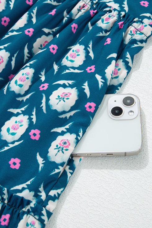 Blue Retro Floral Print Split Neck Ruffle Short Sleeve Dress