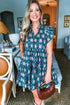 Blue Retro Floral Print Split Neck Ruffle Short Sleeve Dress