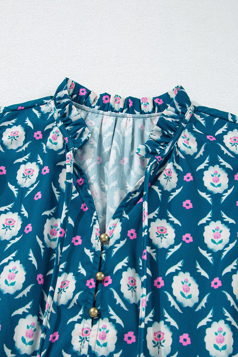 Blue Retro Floral Print Split Neck Ruffle Short Sleeve Dress