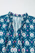 Blue Retro Floral Print Split Neck Ruffle Short Sleeve Dress
