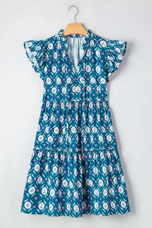 Blue Retro Floral Print Split Neck Ruffle Short Sleeve Dress