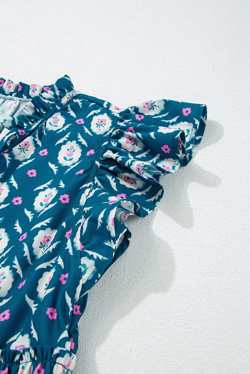Blue Retro Floral Print Split Neck Ruffle Short Sleeve Dress