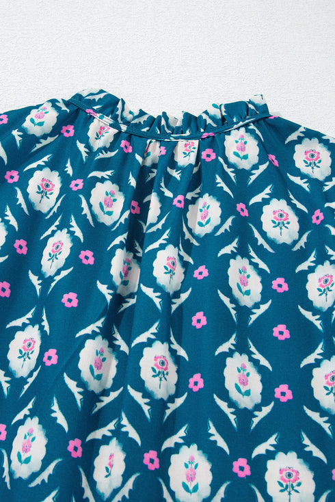 Blue Retro Floral Print Split Neck Ruffle Short Sleeve Dress