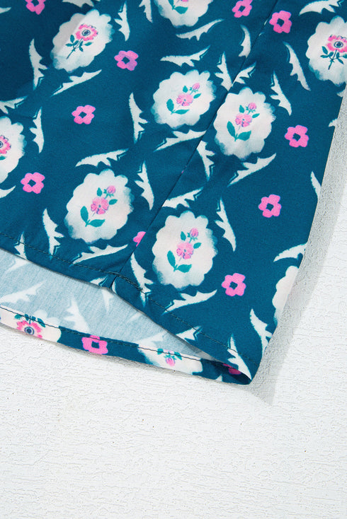 Blue Retro Floral Print Split Neck Ruffle Short Sleeve Dress