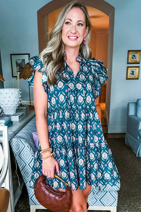 Blue Retro Floral Print Split Neck Ruffle Short Sleeve Dress