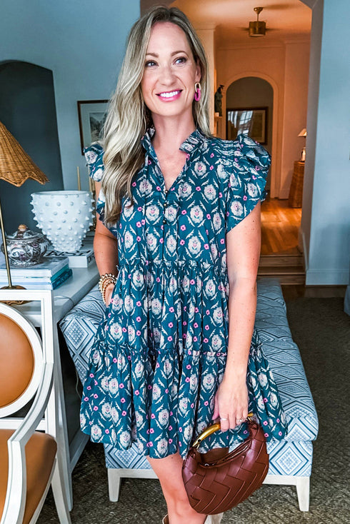 Blue Retro Floral Print Split Neck Ruffle Short Sleeve Dress