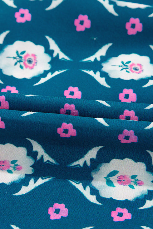 Blue Retro Floral Print Split Neck Ruffle Short Sleeve Dress