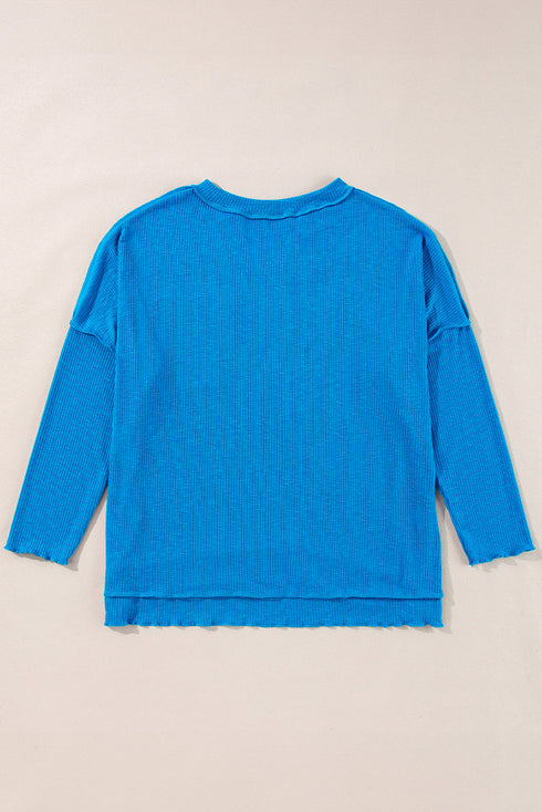 Blue Ribbed Exposed Seam Knit V Neck Long Sleeve Top