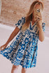 Blue Ricrac Trim Split Neck Floral Loose Dress