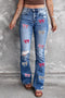 Blue Sequin Bowknot Print Distressed Flared Jeans