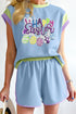 Blue Sequin Happy Easter Graphic Contrast Trim Short Set