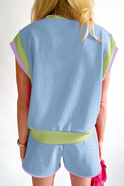 Blue Sequin Happy Easter Graphic Contrast Trim Short Set