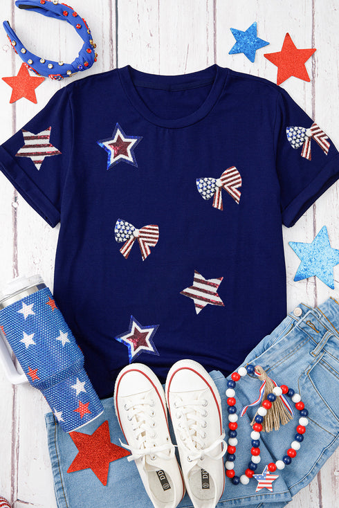 Blue Sequin USA Flag Bow Star Graphic Crewneck T Shirt
