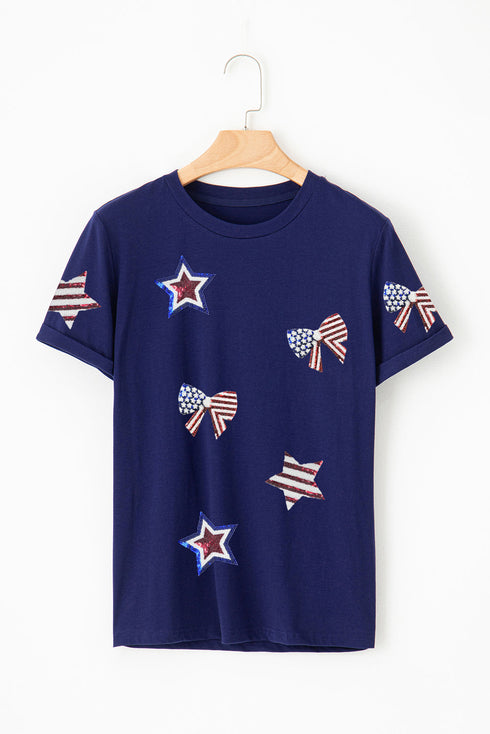Blue Sequin USA Flag Bow Star Graphic Crewneck T Shirt