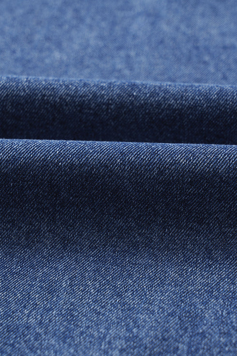 Blue Short Sleeve Collared Patched Pocket Denim Mini Dress