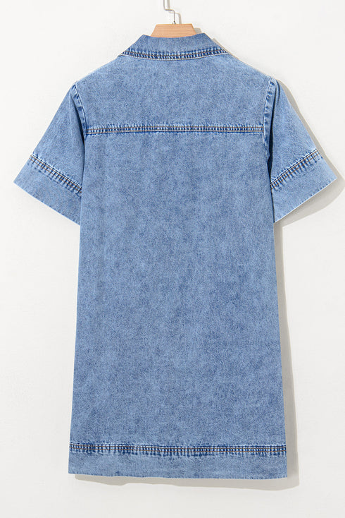 Blue Short Sleeve Collared Patched Pocket Denim Mini Dress