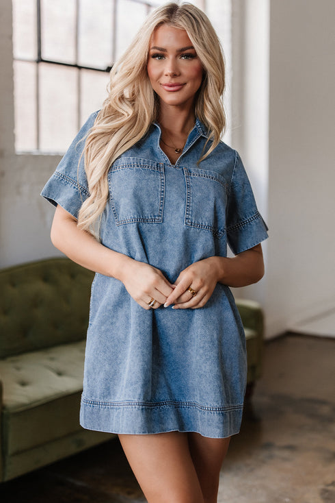 Blue Short Sleeve Collared Patched Pocket Denim Mini Dress