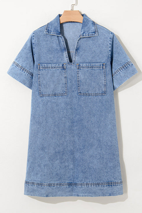 Blue Short Sleeve Collared Patched Pocket Denim Mini Dress
