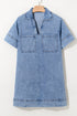 Blue Short Sleeve Collared Patched Pocket Denim Mini Dress