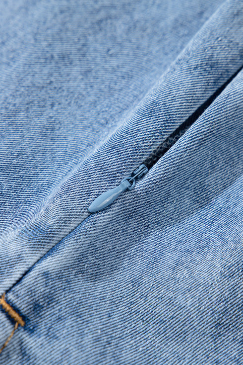 Blue Short Sleeve Collared Patched Pocket Denim Mini Dress