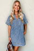 Blue Short Sleeve Collared Patched Pocket Denim Mini Dress