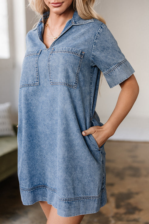 Blue Short Sleeve Collared Patched Pocket Denim Mini Dress