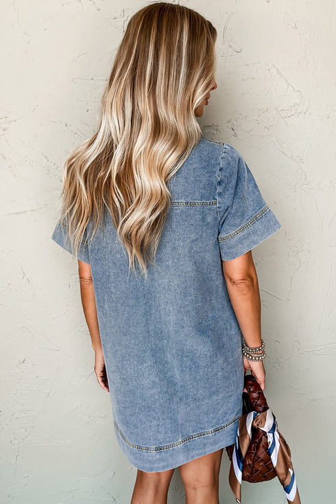 Blue Short Sleeve Collared Patched Pocket Denim Mini Dress