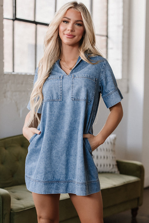 Blue Short Sleeve Collared Patched Pocket Denim Mini Dress